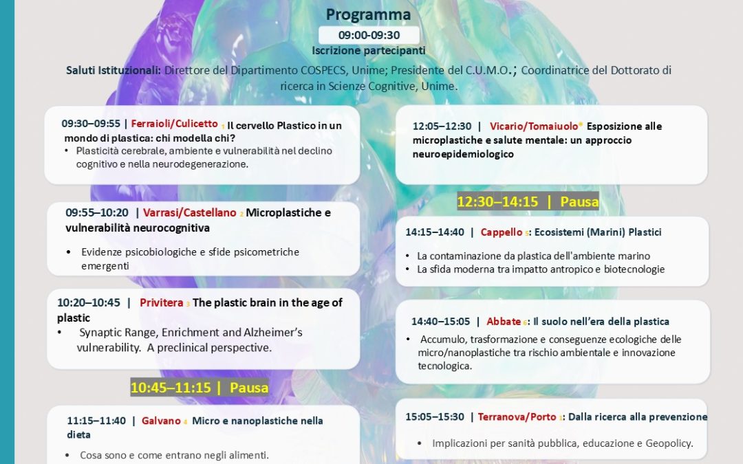Il 16 marzo 2026, dalle ore 9 alle ore 16, presso il C.U.M.O. di Noto, si terrà l’evento “Invisible Invaders: The Plastic Brain — How Microplastics Threaten Mental Health”.